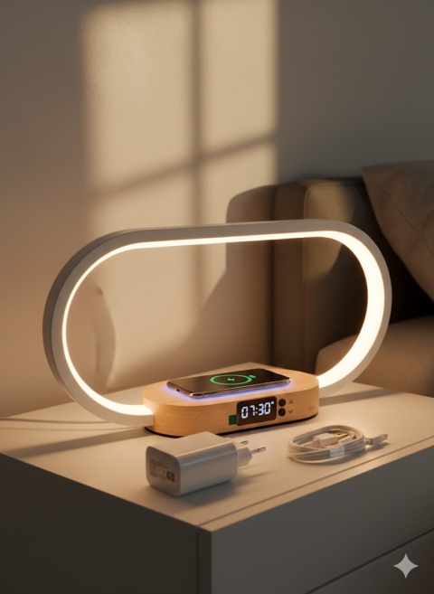 Lampka Nocna LED 3w1 | Ładowarka Indukcyjna QI | Zegar | Design